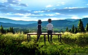 Anime Love On Meadow Field anime love wallpaper