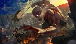 Armored titan facing against Mikasa in a fight to the death attack on titan wallpaper