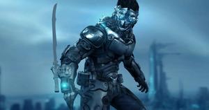 Armored warrior wielding a sword in a cyberpunk world cyberpunk wallpaper