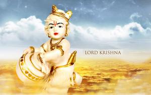 Bal Krishna Figurine Over Gold Clouds bal krishna wallpaper