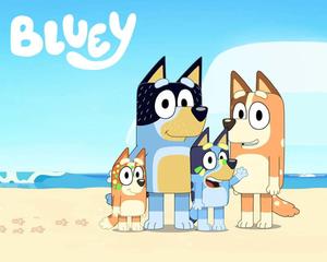 bluey - a cartoon dog and two other dogs on the beach bluey wallpaper