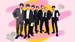 BTS Group Against Cute Pink And Yellow Brush Backdrop Wallpaper
