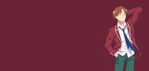 Charismatic Kiyotaka Ayanokoji Posing in Maroon Banner Background kiyotaka ayanokoji wallpaper