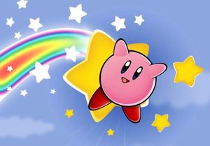 Cartoon Character Kirby Flying Through a Brightly Colored Landscape kirby wallpaper