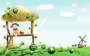 Cartoon Girl And Dog Watermelons cartoon wallpaper