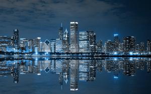 Chicago Skyline In Blue Lights  Wallpaper