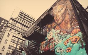 Colorful mural of an urban landscape art wallpaper