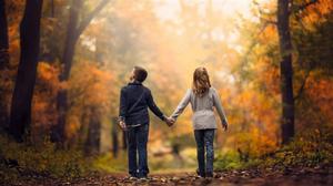 couple holding hands in the autumn forest romantic love wallpaper