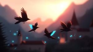 Crows Flying at Sunset Over a Mystical Landscape	 Wallpaper