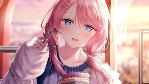 Cute Anime Girl PFP Eating Cake Wallpaper