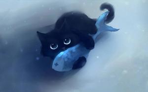 Cute Black Kitten With A Fish cute black wallpaper