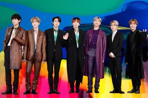 Cute BTS Group On Stage With Rainbow Backdrop cute bts group wallpaper