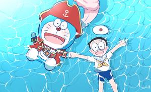 Cute Doraemon Swimming With Nobita