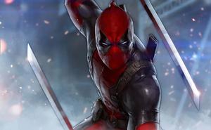 Deadpool Background Fighting Stance With His Katanas Wallpaper