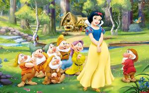 Disney Princess - Snow White Cheerful Moment with her Loyal Dwarfs disney princess wallpaper