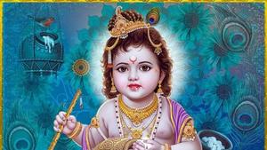 Divine Bal Krishna Playing with a Tickell's Blue Flycatcher bal krishna wallpaper