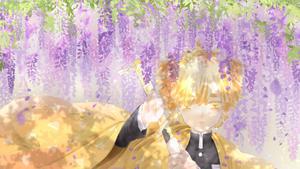 Enjoying the beauty of nature with wisteria flowers zenitsu wallpaper