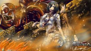 Eren and Mikasa in Attack on Titan, united against the Titans. attack on titan wallpaper