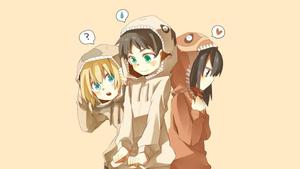 Eren, Armin, and Mikasa stand ready to take on the titans. attack on titan wallpaper