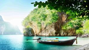 Escape the hustle and bustle of the city life to relax at this tranquil blue beach island 8k wallpaper