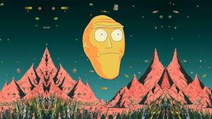 Giant Rick towers over Morty in this surreal Rick and Morty wallpaper. rick and morty wallpaper