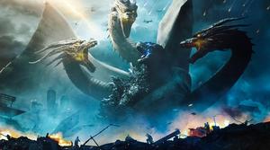 "Godzilla and King Ghidorah engaged in an epic battle amongst the frigid Arctic tundra". godzilla wallpaper