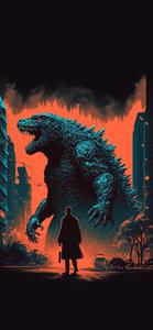 Godzilla Art In City With Man's Silhouette Picture godzilla wallpaper