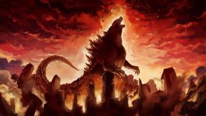 Godzilla Under Red Sky With Destroyed City Picture godzilla wallpaper
