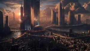 Golden Futuristic City Aerial View 1080p wallpaper