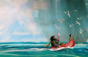 Hagrid and Harry Potter take a boat ride to Hogwarts. harry potter wallpaper