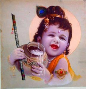 Happy Bal Krishna Holding His Amritadohani bal krishna wallpaper