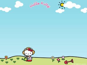 Hello Kitty gardening in her backyard! sanrio wallpaper