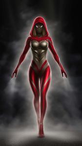 Hooded figure in form-fitting ensemble emerging from mist heroine wallpaper