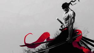 Image Zoro, the fictional swordsman, sheaths his two katanas. zoro wallpaper