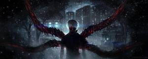 Kaneki Ken unleashes his ghoul powers and stares down his opponents on the battlefield tokyo ghoul wallpaper