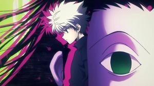 Killua Zoldyck and his brother Illumi embrace as they protect each other in Hunter X Hunter hunter x hunter wallpaper