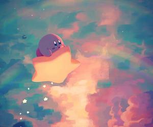 Kirby soars through the vibrant and colorful sky. kirby wallpaper