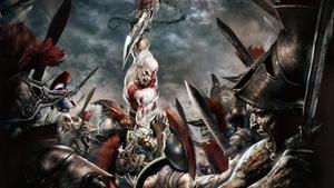 Kratos, a Spartan warrior, leads the charge against an army in the God Of War series. god of war wallpaper