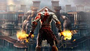 Kratos battles the Minotaur at the Temple of Lahkesis god of war wallpaper
