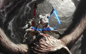 Kratos of God Of War, brandishing his trademark Blades of Exile. god of war wallpaper