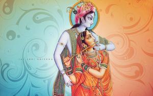 Krishna And Radha Blue And Orange Picture Wallpaper
