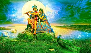 Krishna And Radha By Lake With Peacock Picture Wallpaper