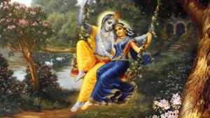 Krishna And Radha On Swing In Forest Picture Wallpaper