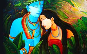 Krishna And Radha Painting With Leaves Picture Wallpaper