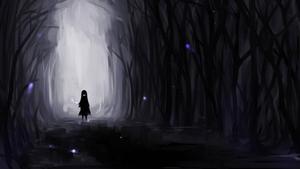 Lost in thought, the sad anime girl wanders through a dark forest. sad anime wallpaper