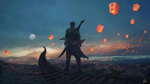 Man appreciating the beauty of the sky lanterns art wallpaper