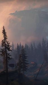 Massive Airship Foggy Forest Phone phone wallpaper