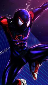 Miles Morales in a Spider-Man suit swinging through the city miles morales wallpaper