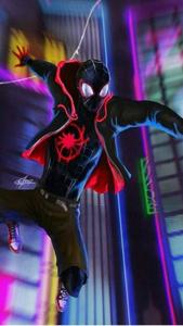 Miles Morales Leaps Over a Neon Skyline miles morales wallpaper