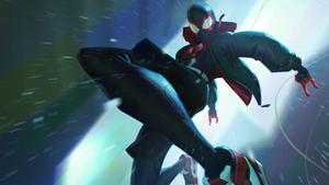 Miles Morales shows his superhero agility by jumping in the rain miles morales wallpaper